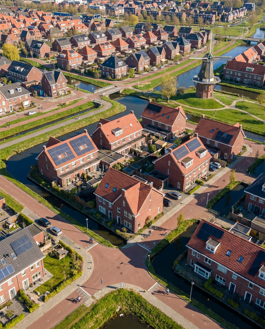 Luchtfoto van een Nederlandse wijk met zonnepanelen