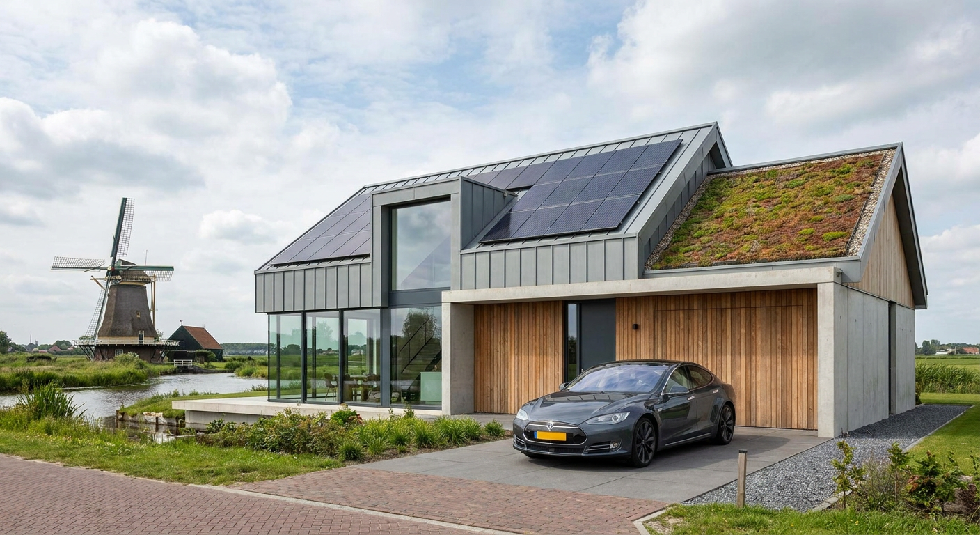 Modern huis in Nederland met zonnepanelen en een Tesla voor de deur