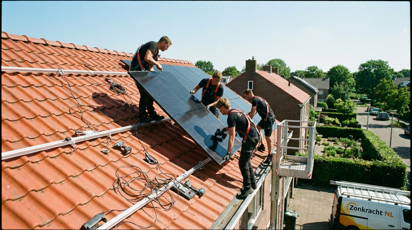 AuraVolt monteurs installeren zonnepanelen op het dak