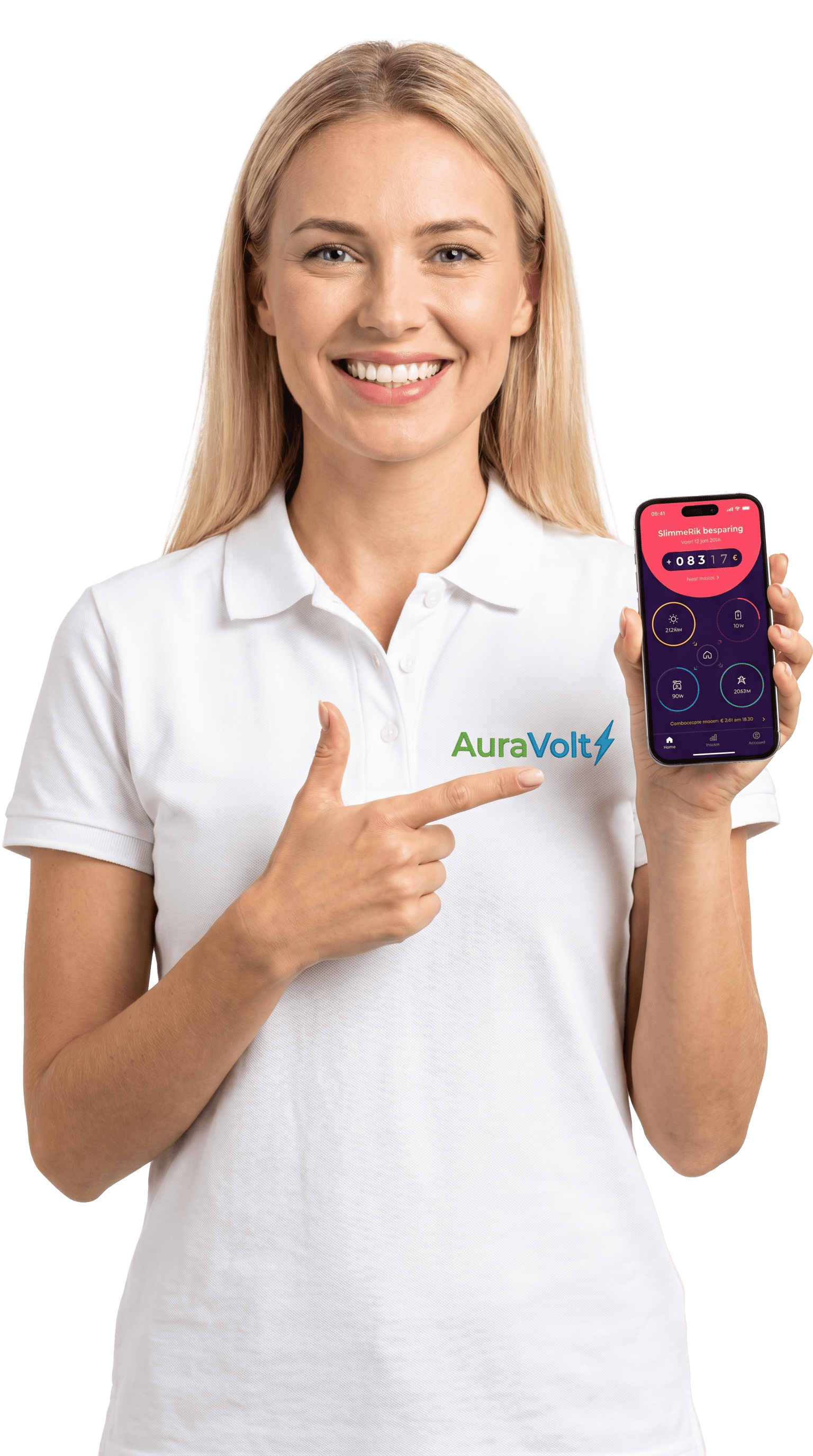Vrouw wijst naar de Slimme Rik app van AuraVolt
