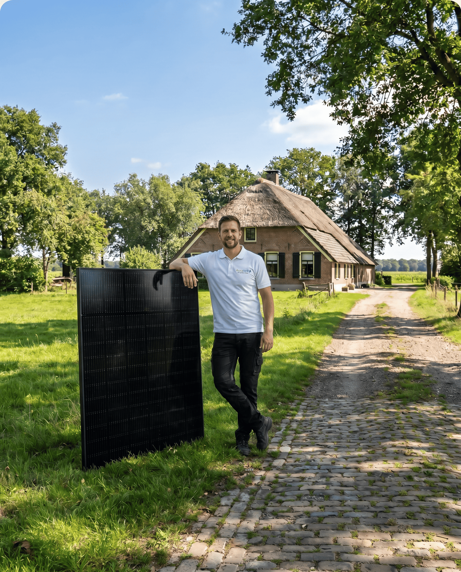 Man bij boerderij met zonnepanelen AuraVolt
