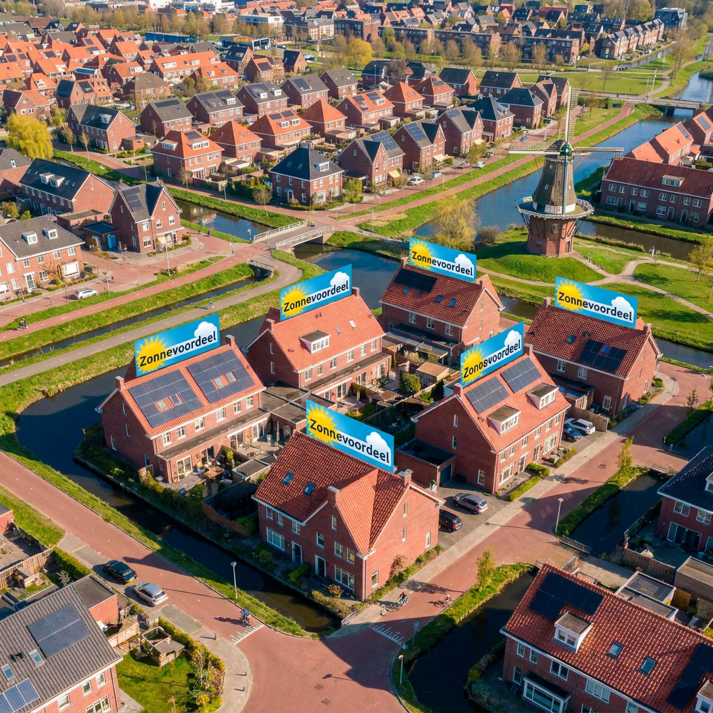 Luchtfoto van Nederlandse huizen met zonnepanelen op het dak